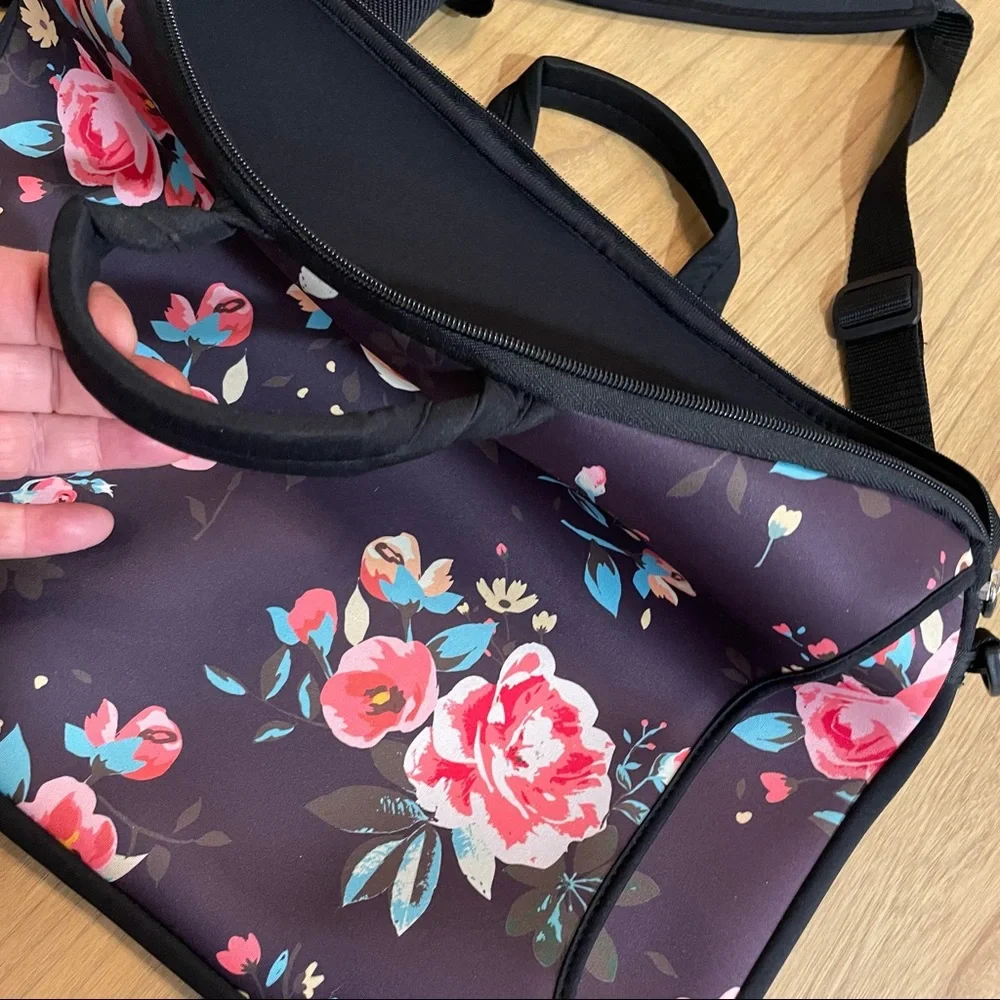 Floral laptop bag, laptop sleeve with handles and shoulder strap, women computer